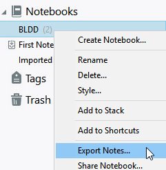 Selecting Export Notes from the Context menu