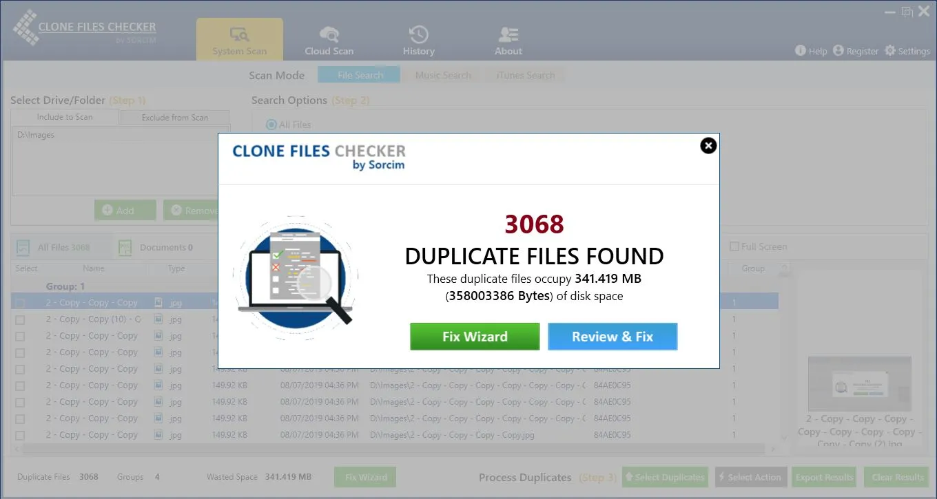 scan results pop-up shown by the CFC  duplicate file finder