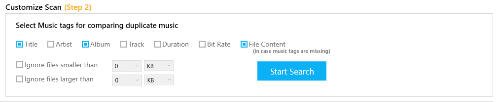customize the duplicate music scan by selecting metatags